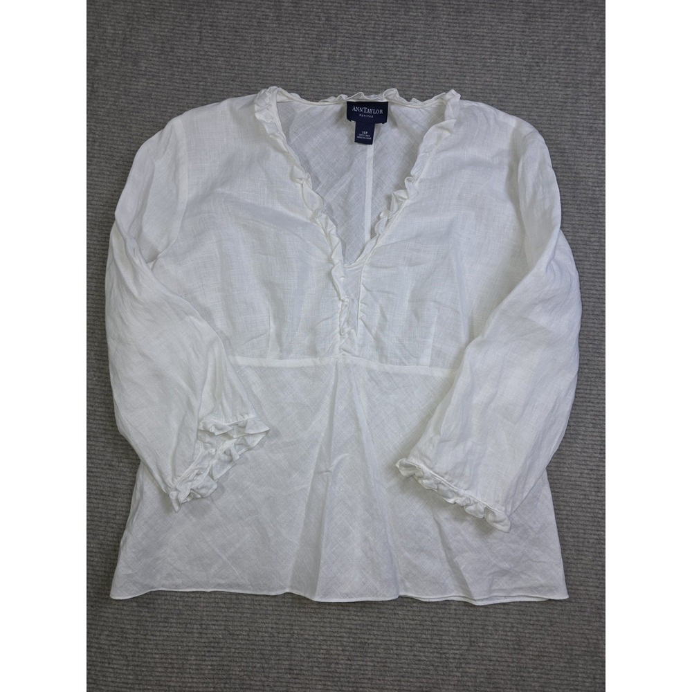 Ann Taylor Petite 14 100% Linen V-Neck Ruffle Peplum Lightweight Crisp White